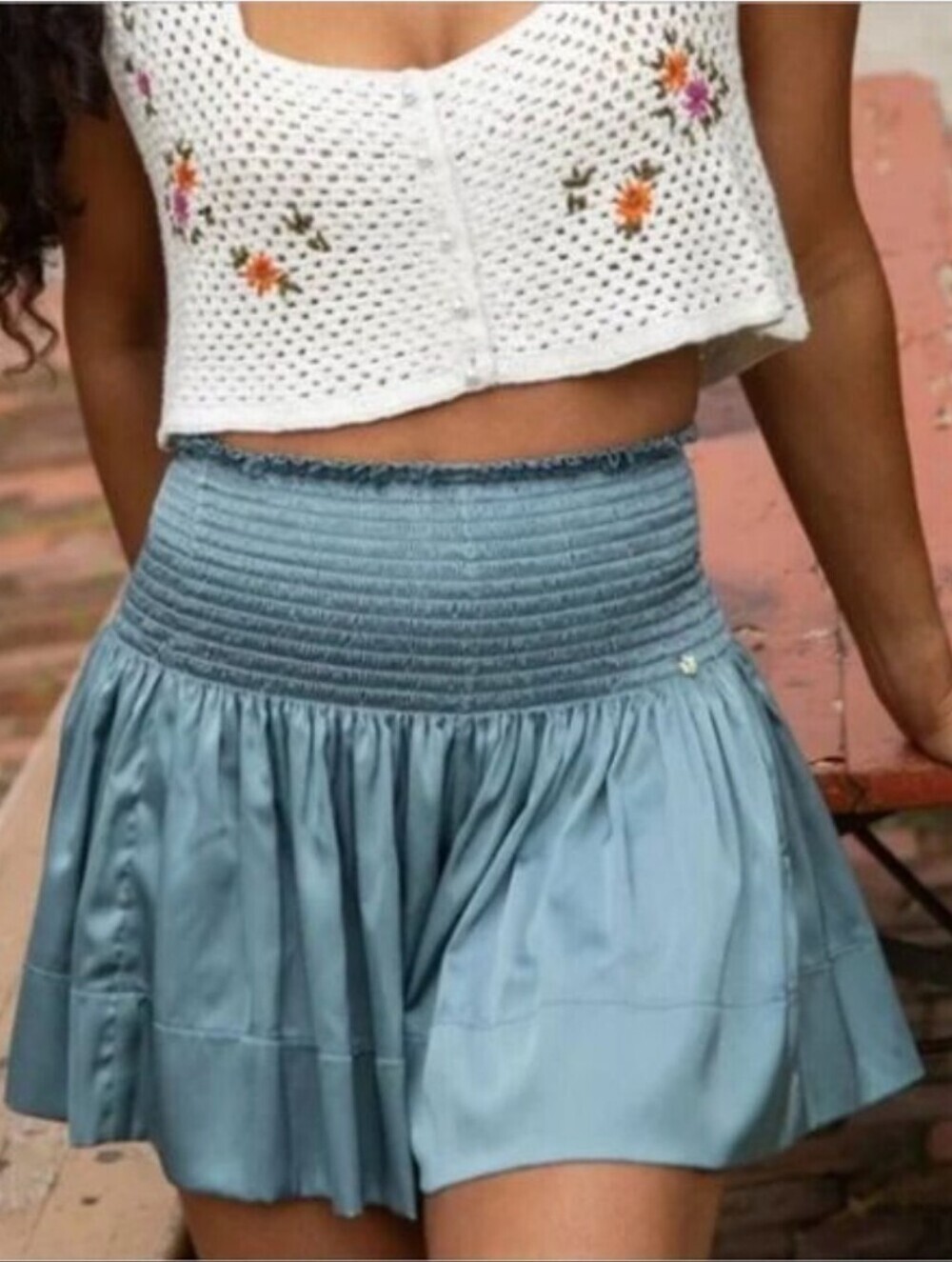 Natural Life Blue Smocked Satin Skort XS/S Boho Pull-On Stretchy Lightweight
